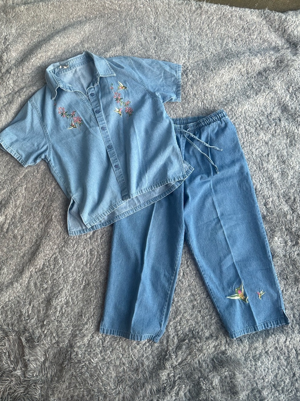 Light Blue Embroidered Denim set With Embroidered Humming birds